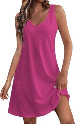 Women's Sundresses 2024 Casual Beach Tank Dress Flared V Neck Sleeveless Mini Dress with Pockets
