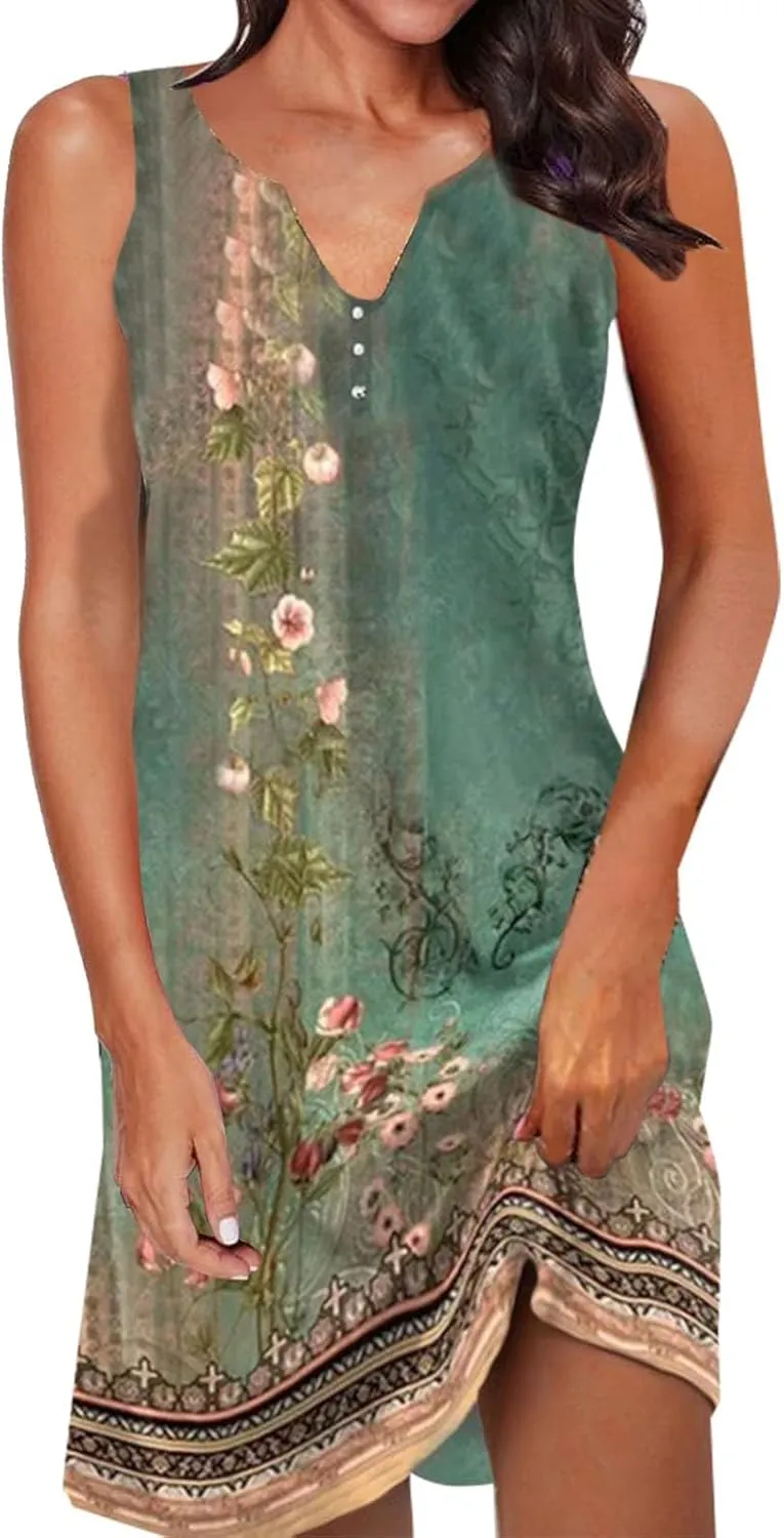 Womens Sundresses Casual Floral Sleeveless V Neck Tank Dress Beach Vacation Outfits Short Knee Length Dress