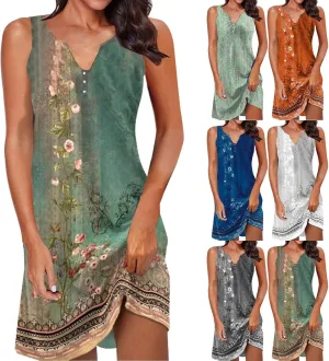 Womens Sundresses Casual Floral Sleeveless V Neck Tank Dress Beach Vacation Outfits Short Knee Length Dress