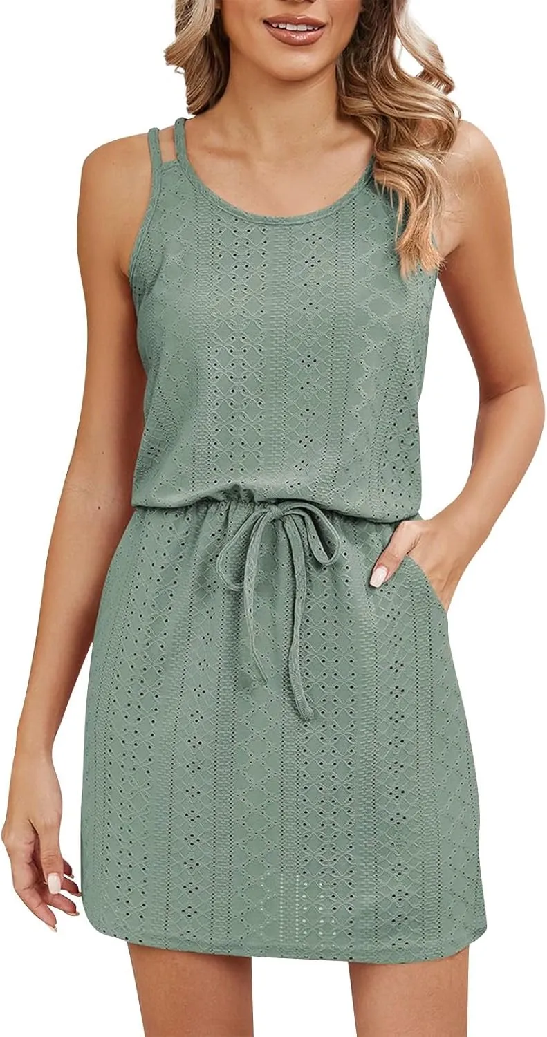 Womens Sundresses Summer Hollow Out Swimsuit Cover Up Cross Back Eyelets Beach Dress Flowy Spaghetti Strap Dress