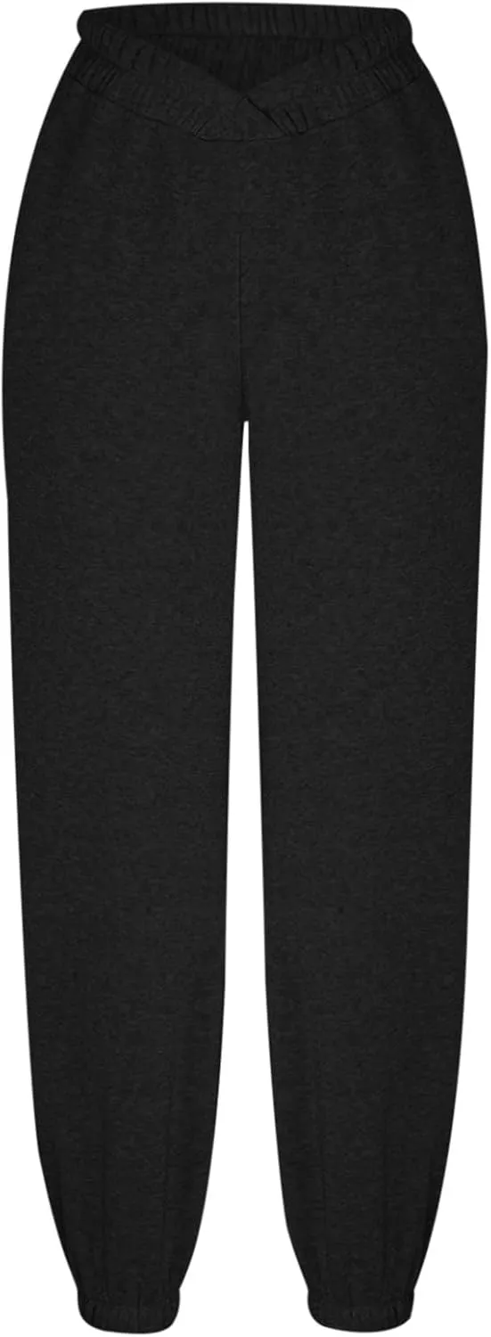 Women's Trendy Trousers Solid Color High Elastic Waist Cuffed Slant Sweatpants Athletic Sports Joggers Casual Bottom