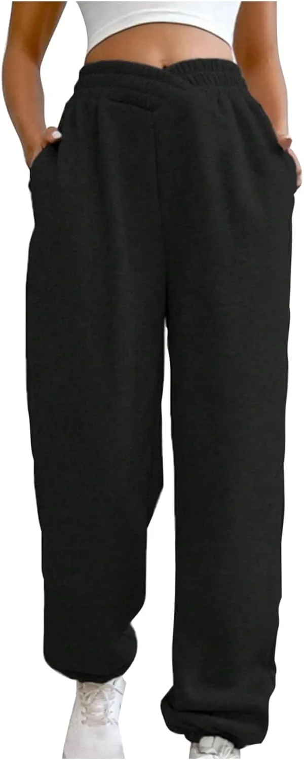 Women's Trendy Trousers Solid Color High Elastic Waist Cuffed Slant Sweatpants Athletic Sports Joggers Casual Bottom