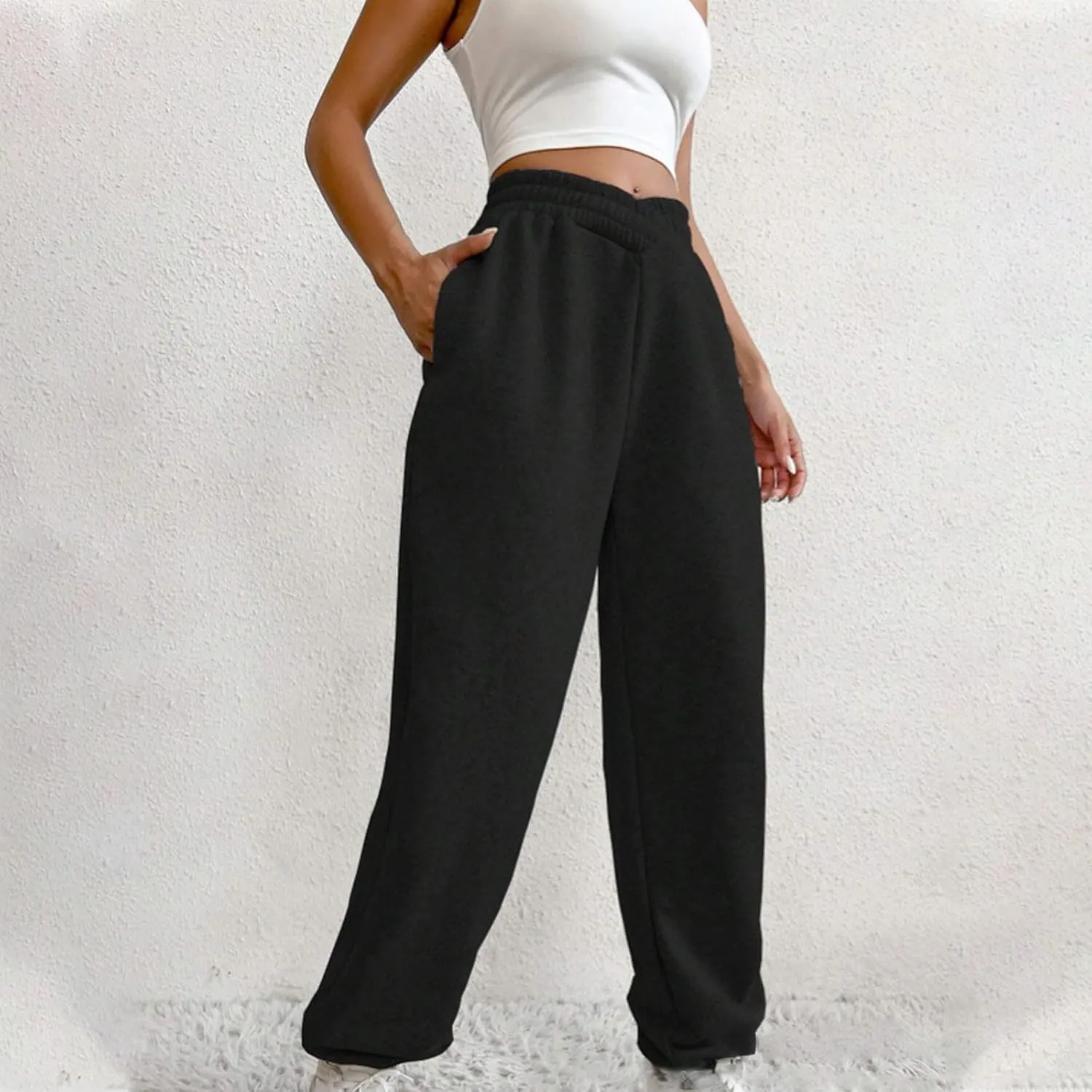 Women's Trendy Trousers Solid Color High Elastic Waist Cuffed Slant Sweatpants Athletic Sports Joggers Casual Bottom