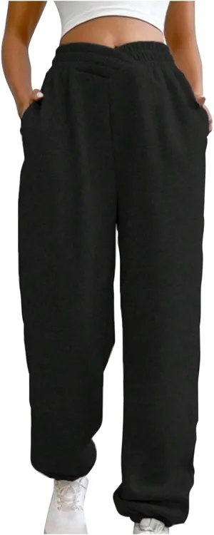 Women's Trendy Trousers Solid Color High Elastic Waist Cuffed Slant Sweatpants Athletic Sports Joggers Casual Bottom