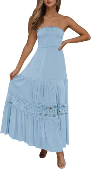 Womens Tube Top Maxi Dress Summer Boho Strapless Casual Flowy Beach Long Sundresses Hollow Ruffle Sexy Smocked Dresses