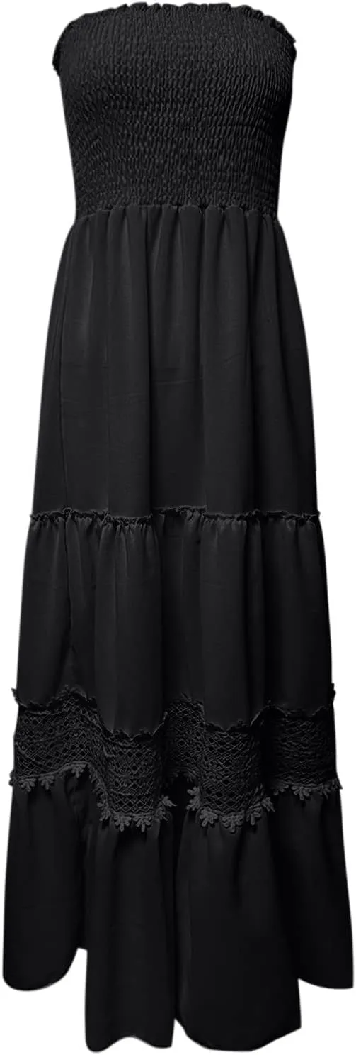 Womens Tube Top Maxi Dress Summer Boho Strapless Casual Flowy Beach Long Sundresses Hollow Ruffle Sexy Smocked Dresses