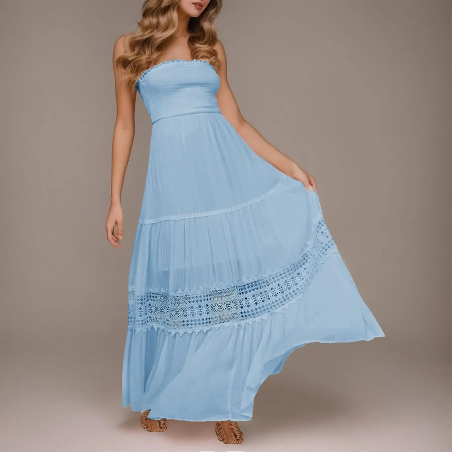 Womens Tube Top Maxi Dress Summer Boho Strapless Casual Flowy Beach Long Sundresses Hollow Ruffle Sexy Smocked Dresses
