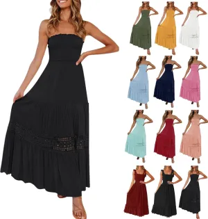 Womens Tube Top Maxi Dress Summer Boho Strapless Casual Flowy Beach Long Sundresses Hollow Ruffle Sexy Smocked Dresses