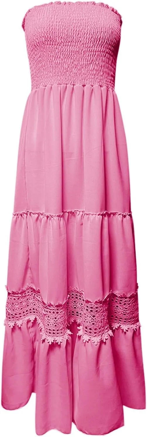 Womens Tube Top Maxi Dress Summer Boho Strapless Casual Flowy Beach Long Sundresses Hollow Ruffle Sexy Smocked Dresses