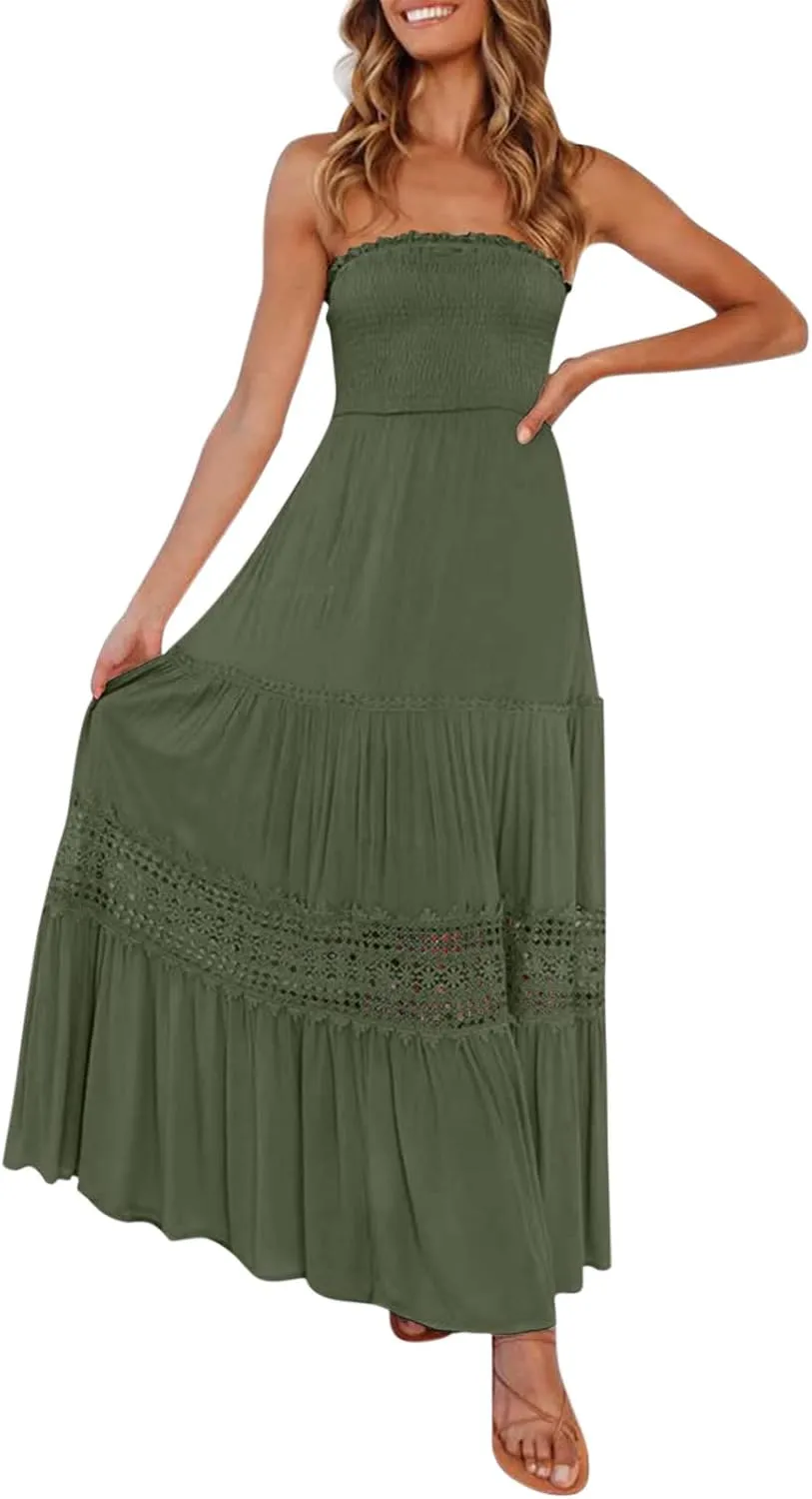 Womens Tube Top Maxi Dress Summer Boho Strapless Casual Flowy Beach Long Sundresses Hollow Ruffle Sexy Smocked Dresses