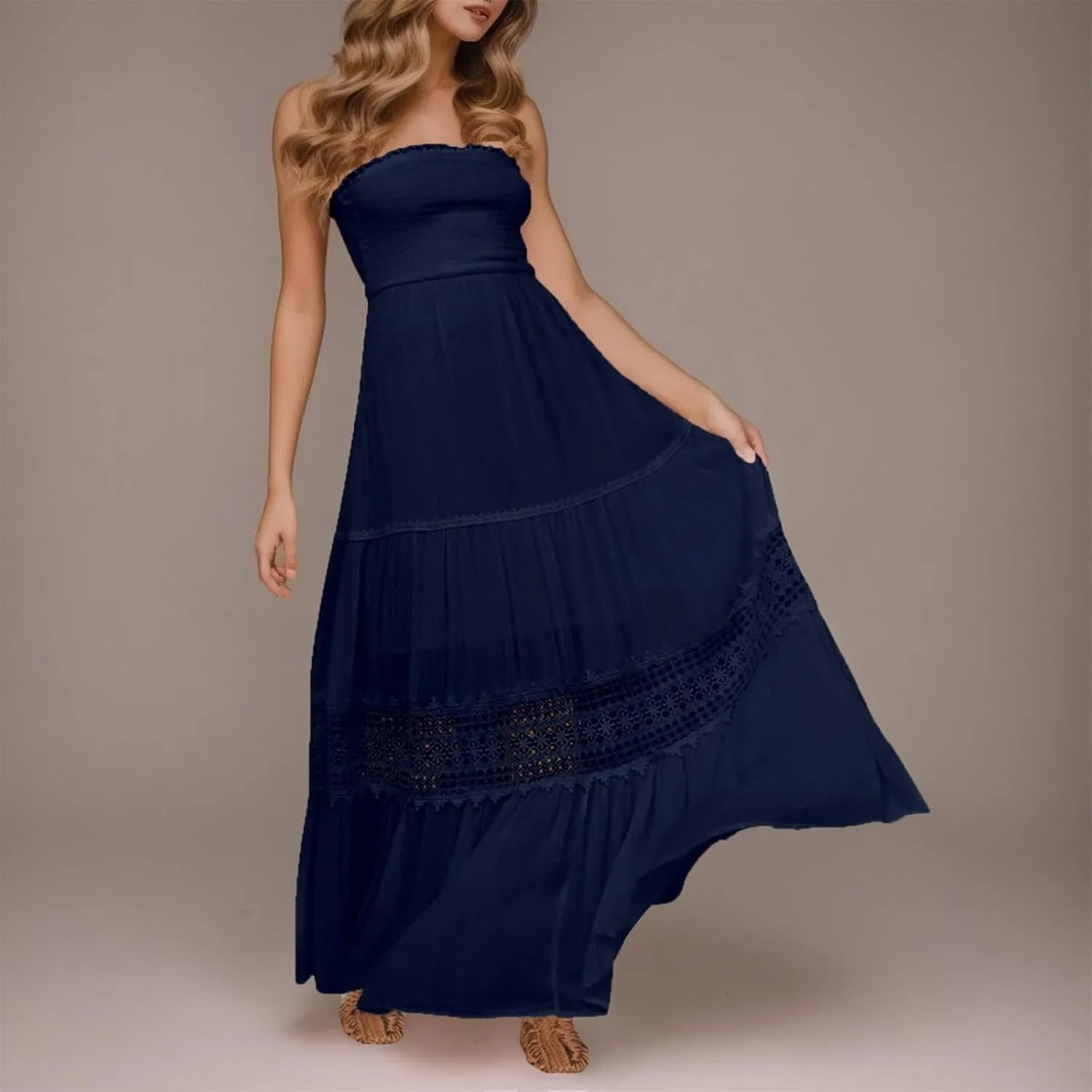 Womens Tube Top Maxi Dress Summer Boho Strapless Casual Flowy Beach Long Sundresses Hollow Ruffle Sexy Smocked Dresses