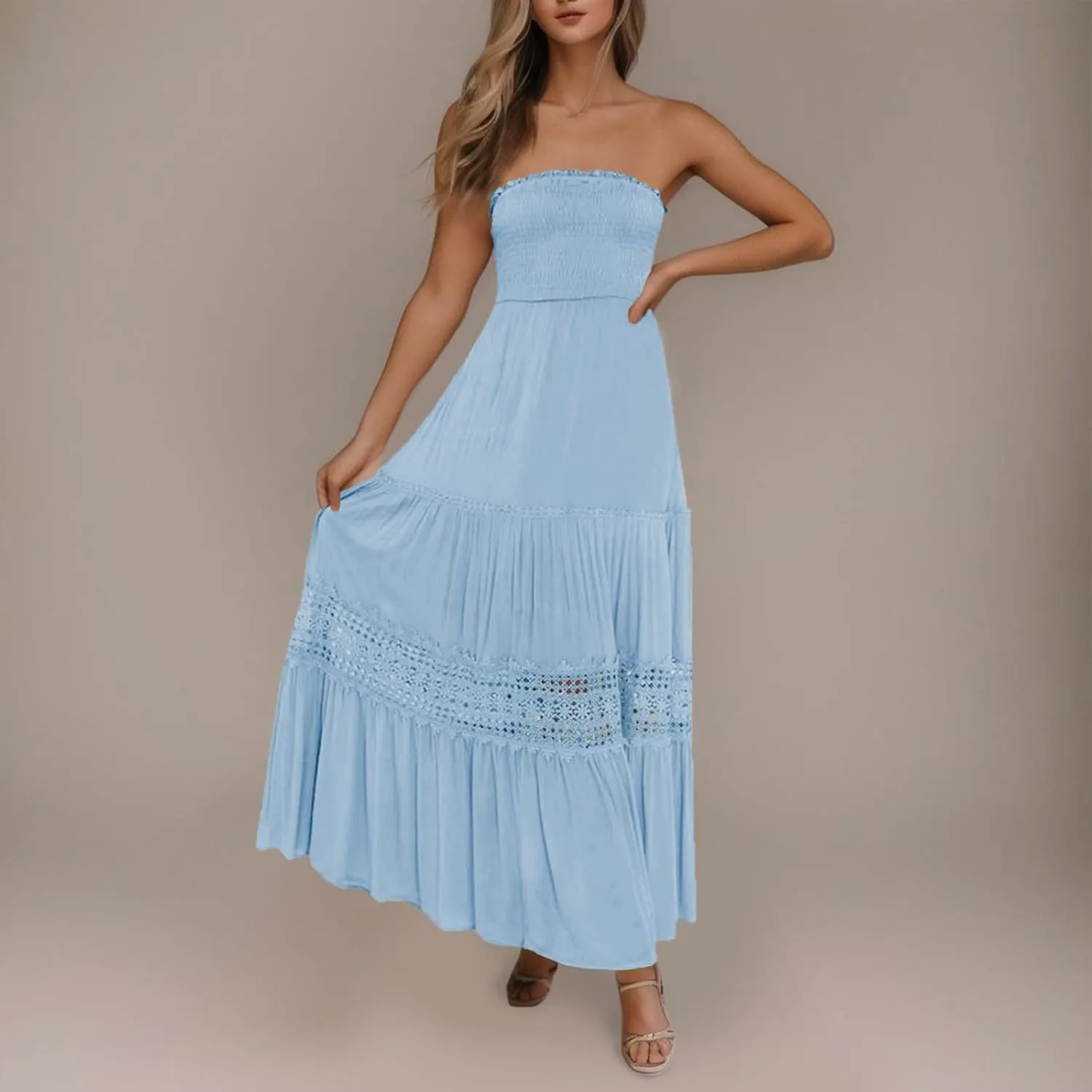 Womens Tube Top Maxi Dress Summer Boho Strapless Casual Flowy Beach Long Sundresses Hollow Ruffle Sexy Smocked Dresses