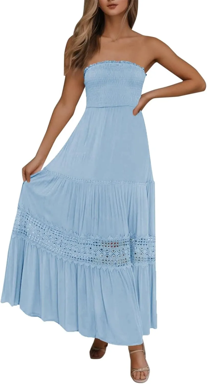 Womens Tube Top Maxi Dress Summer Boho Strapless Casual Flowy Beach Long Sundresses Hollow Ruffle Sexy Smocked Dresses