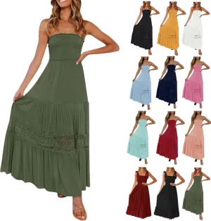 Womens Tube Top Maxi Dress Summer Boho Strapless Casual Flowy Beach Long Sundresses Hollow Ruffle Sexy Smocked Dresses