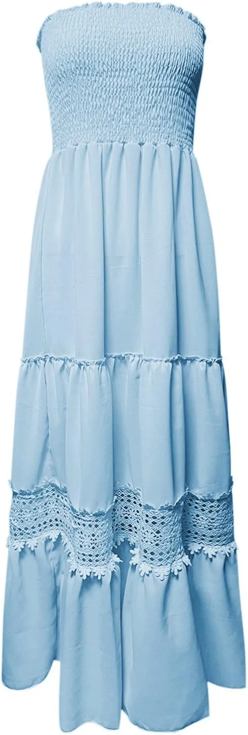 Womens Tube Top Maxi Dress Summer Boho Strapless Casual Flowy Beach Long Sundresses Hollow Ruffle Sexy Smocked Dresses