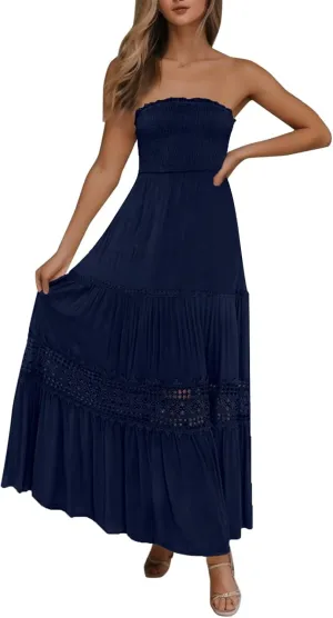 Womens Tube Top Maxi Dress Summer Boho Strapless Casual Flowy Beach Long Sundresses Hollow Ruffle Sexy Smocked Dresses