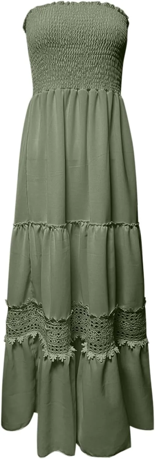 Womens Tube Top Maxi Dress Summer Boho Strapless Casual Flowy Beach Long Sundresses Hollow Ruffle Sexy Smocked Dresses