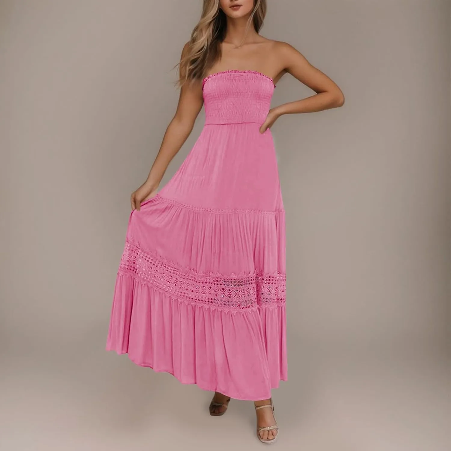 Womens Tube Top Maxi Dress Summer Boho Strapless Casual Flowy Beach Long Sundresses Hollow Ruffle Sexy Smocked Dresses