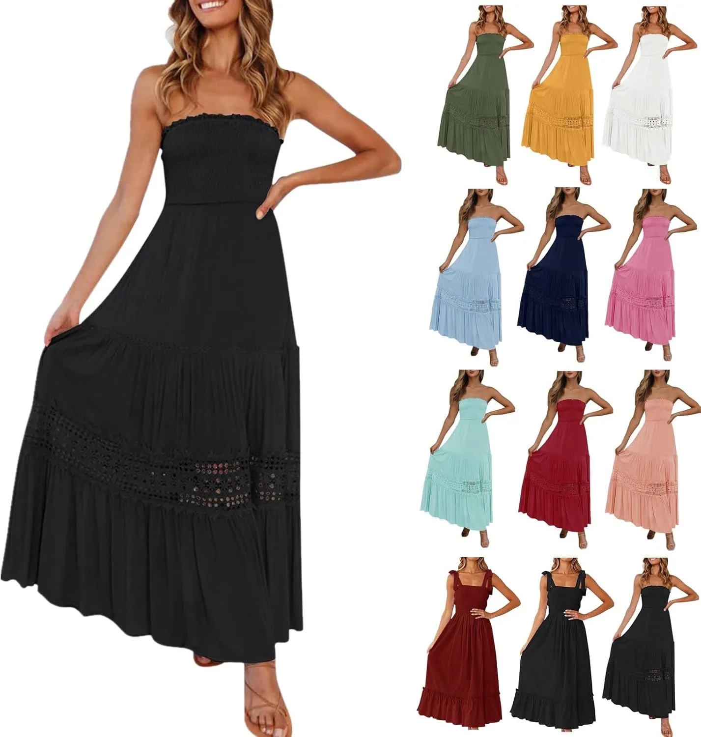 Womens Tube Top Maxi Dress Summer Boho Strapless Casual Flowy Beach Long Sundresses Hollow Ruffle Sexy Smocked Dresses