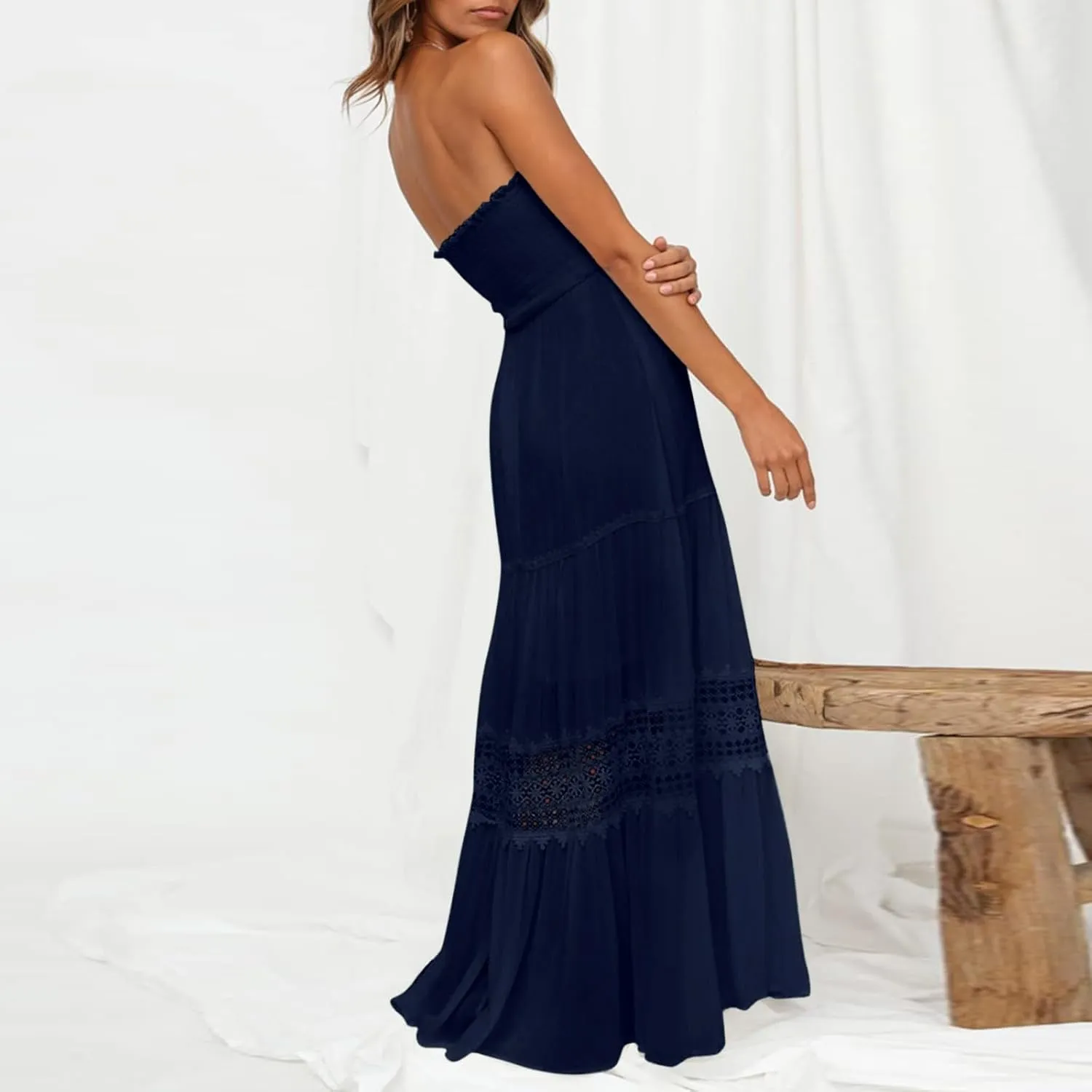 Womens Tube Top Maxi Dress Summer Boho Strapless Casual Flowy Beach Long Sundresses Hollow Ruffle Sexy Smocked Dresses