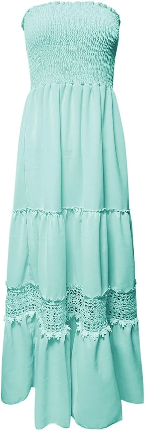 Womens Tube Top Maxi Dress Summer Boho Strapless Casual Flowy Beach Long Sundresses Hollow Ruffle Sexy Smocked Dresses
