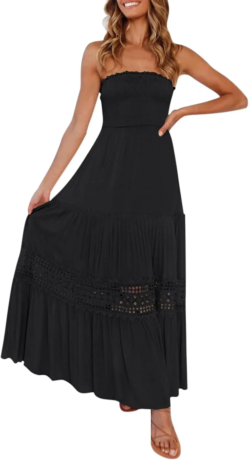 Womens Tube Top Maxi Dress Summer Boho Strapless Casual Flowy Beach Long Sundresses Hollow Ruffle Sexy Smocked Dresses