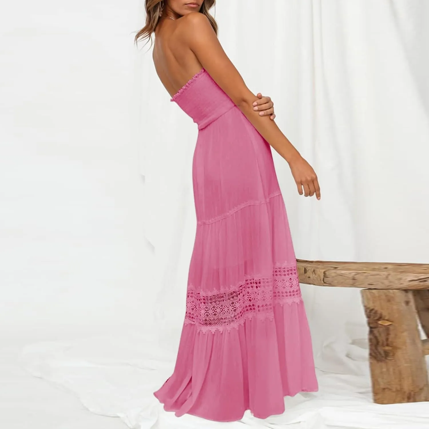 Womens Tube Top Maxi Dress Summer Boho Strapless Casual Flowy Beach Long Sundresses Hollow Ruffle Sexy Smocked Dresses