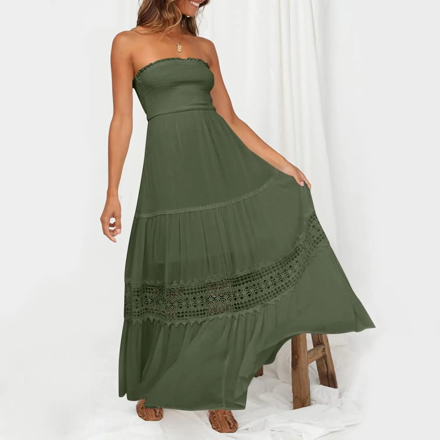Womens Tube Top Maxi Dress Summer Boho Strapless Casual Flowy Beach Long Sundresses Hollow Ruffle Sexy Smocked Dresses