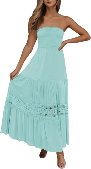 Womens Tube Top Maxi Dress Summer Boho Strapless Casual Flowy Beach Long Sundresses Hollow Ruffle Sexy Smocked Dresses