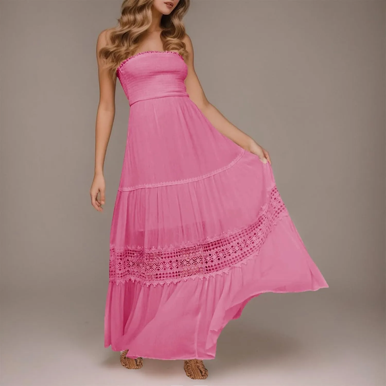 Womens Tube Top Maxi Dress Summer Boho Strapless Casual Flowy Beach Long Sundresses Hollow Ruffle Sexy Smocked Dresses