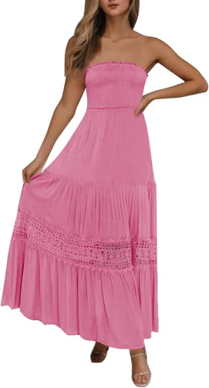Womens Tube Top Maxi Dress Summer Boho Strapless Casual Flowy Beach Long Sundresses Hollow Ruffle Sexy Smocked Dresses