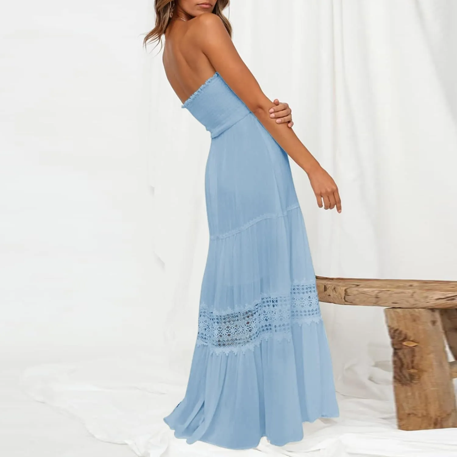 Womens Tube Top Maxi Dress Summer Boho Strapless Casual Flowy Beach Long Sundresses Hollow Ruffle Sexy Smocked Dresses