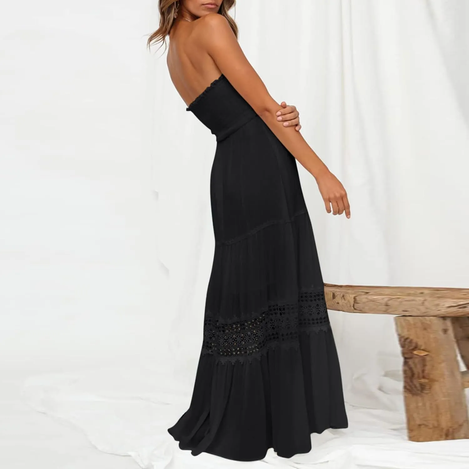 Womens Tube Top Maxi Dress Summer Boho Strapless Casual Flowy Beach Long Sundresses Hollow Ruffle Sexy Smocked Dresses