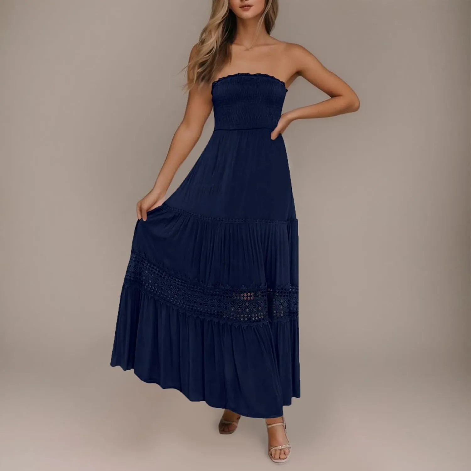 Womens Tube Top Maxi Dress Summer Boho Strapless Casual Flowy Beach Long Sundresses Hollow Ruffle Sexy Smocked Dresses
