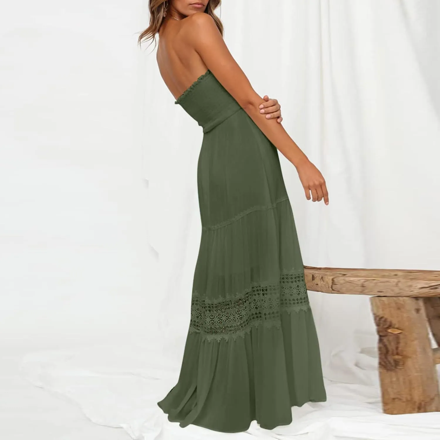 Womens Tube Top Maxi Dress Summer Boho Strapless Casual Flowy Beach Long Sundresses Hollow Ruffle Sexy Smocked Dresses