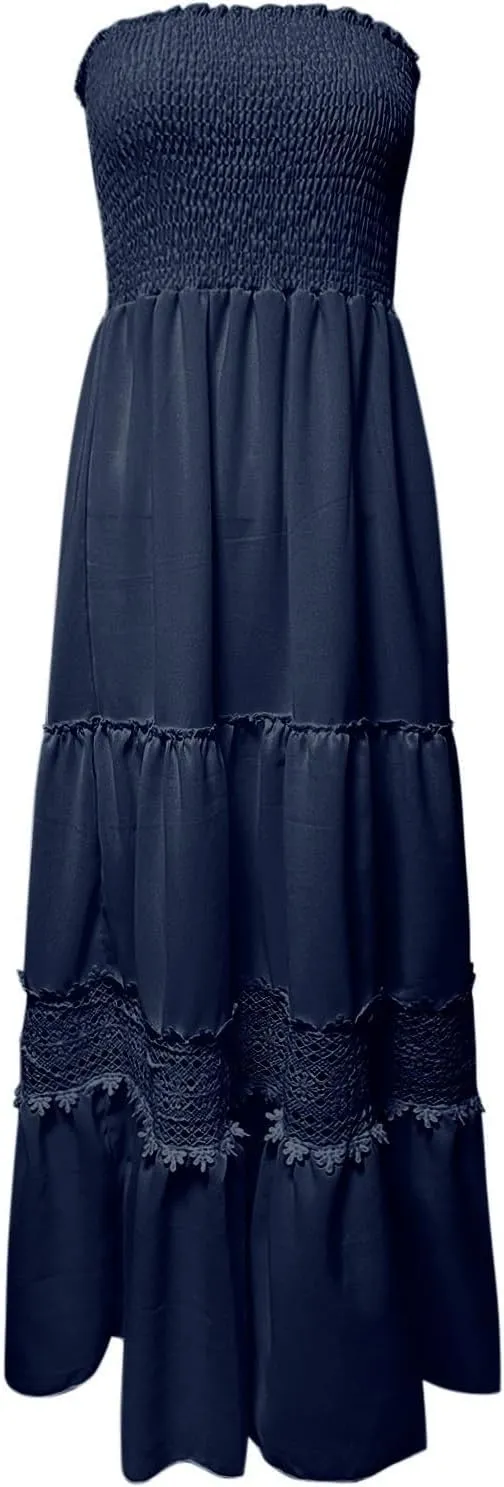 Womens Tube Top Maxi Dress Summer Boho Strapless Casual Flowy Beach Long Sundresses Hollow Ruffle Sexy Smocked Dresses