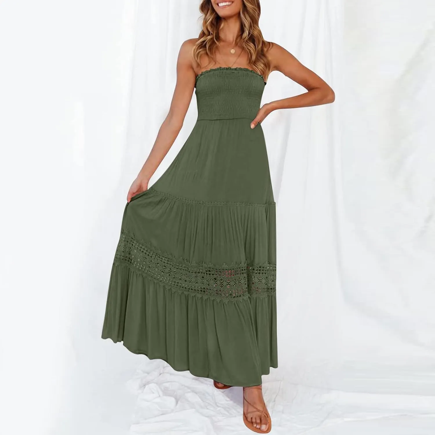 Womens Tube Top Maxi Dress Summer Boho Strapless Casual Flowy Beach Long Sundresses Hollow Ruffle Sexy Smocked Dresses