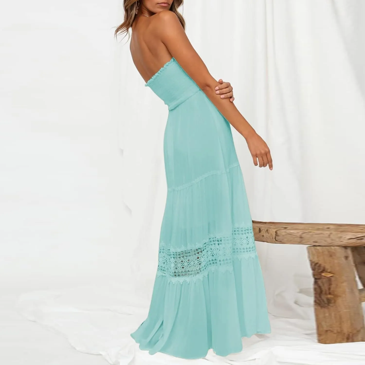 Womens Tube Top Maxi Dress Summer Boho Strapless Casual Flowy Beach Long Sundresses Hollow Ruffle Sexy Smocked Dresses