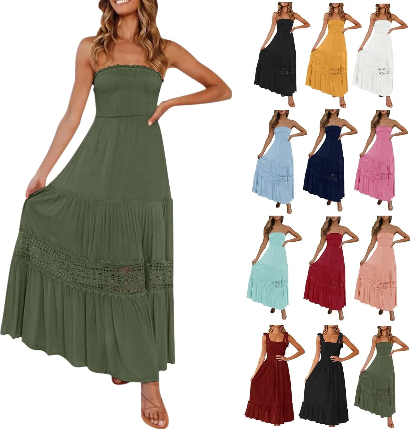 Womens Tube Top Maxi Dress Summer Boho Strapless Casual Flowy Beach Long Sundresses Hollow Ruffle Sexy Smocked Dresses