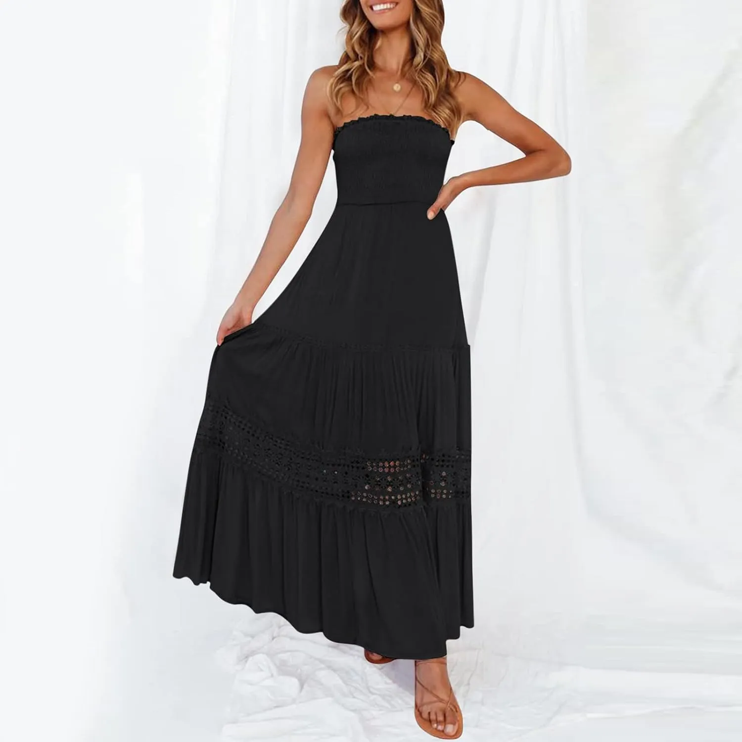 Womens Tube Top Maxi Dress Summer Boho Strapless Casual Flowy Beach Long Sundresses Hollow Ruffle Sexy Smocked Dresses