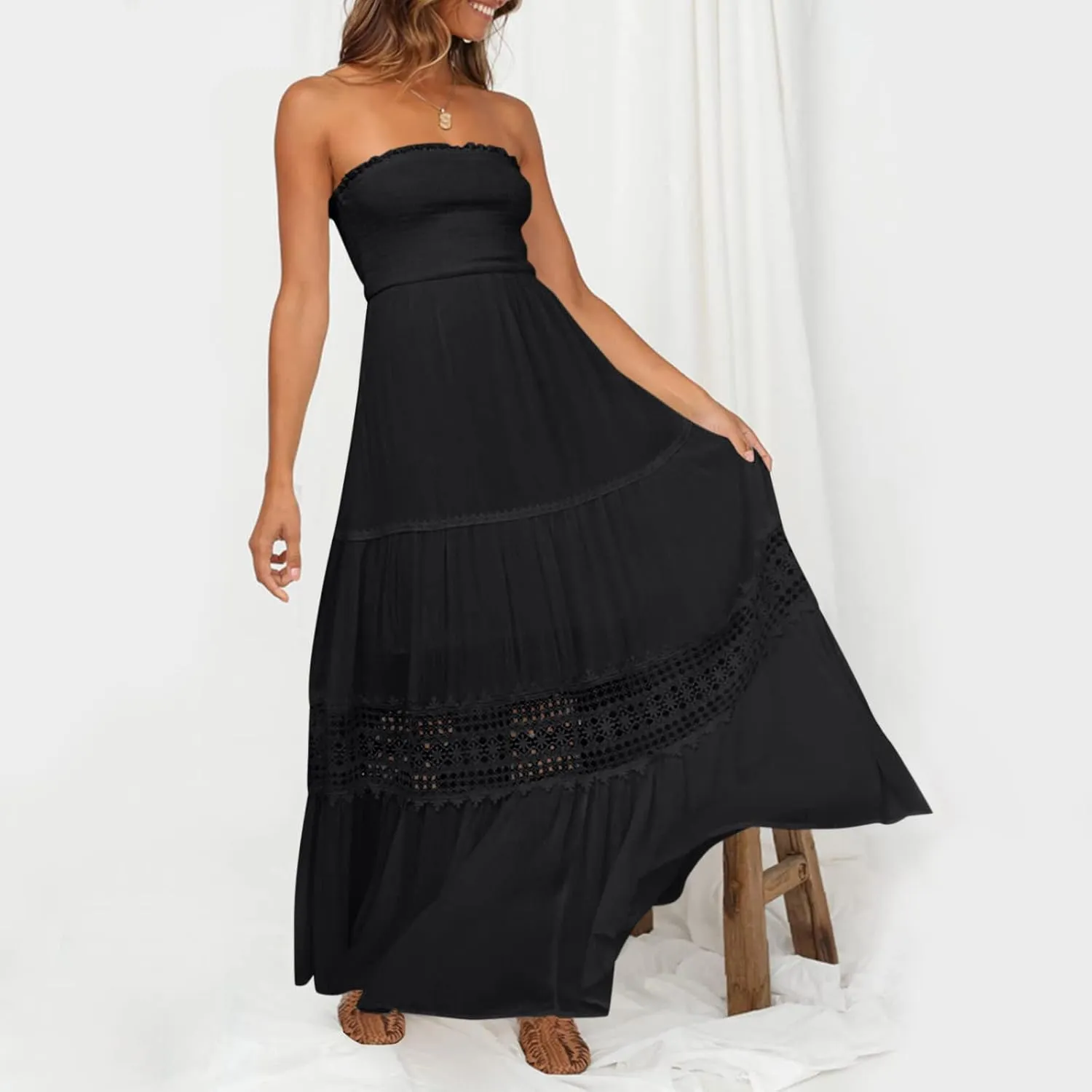 Womens Tube Top Maxi Dress Summer Boho Strapless Casual Flowy Beach Long Sundresses Hollow Ruffle Sexy Smocked Dresses