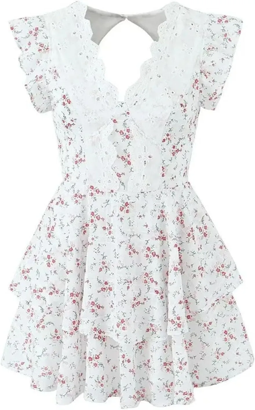 Women's V-Neck Tiered Ruffled Dresses Summer Lace Floral Casual Mini Dress