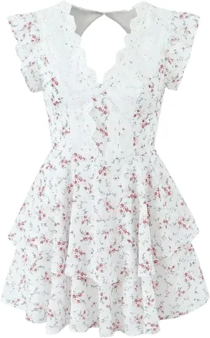 Women's V-Neck Tiered Ruffled Dresses Summer Lace Floral Casual Mini Dress