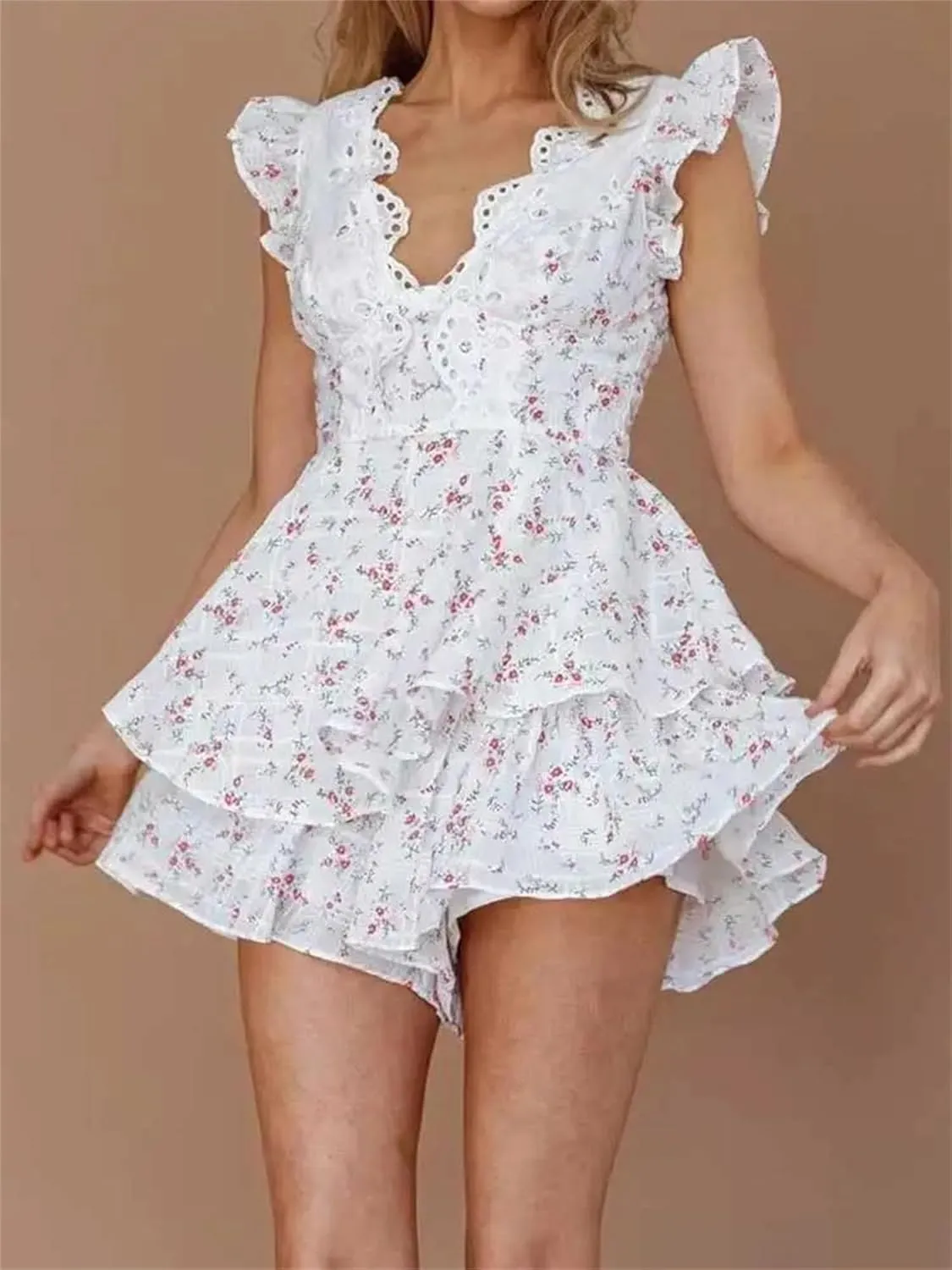 Women's V-Neck Tiered Ruffled Dresses Summer Lace Floral Casual Mini Dress