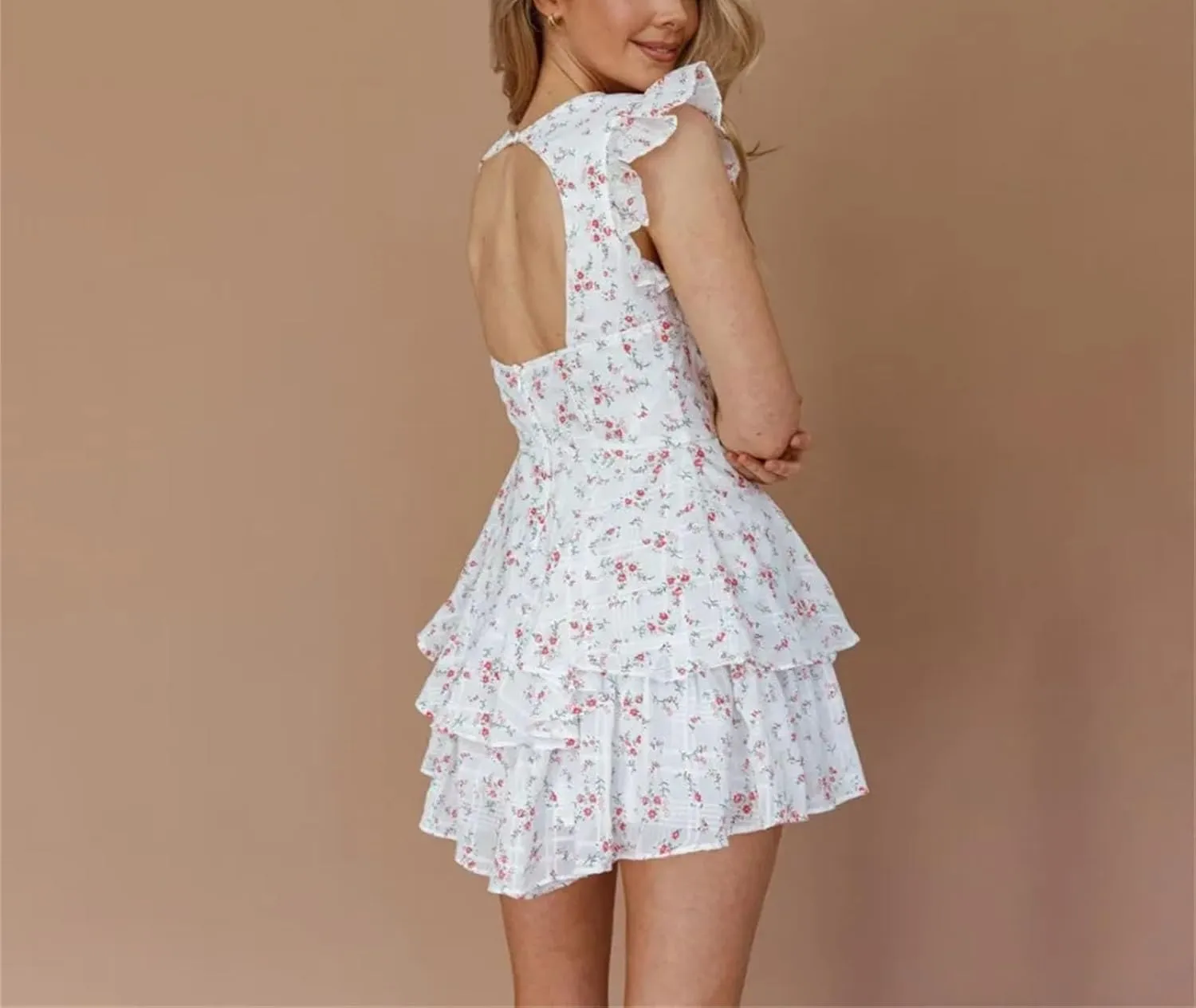 Women's V-Neck Tiered Ruffled Dresses Summer Lace Floral Casual Mini Dress