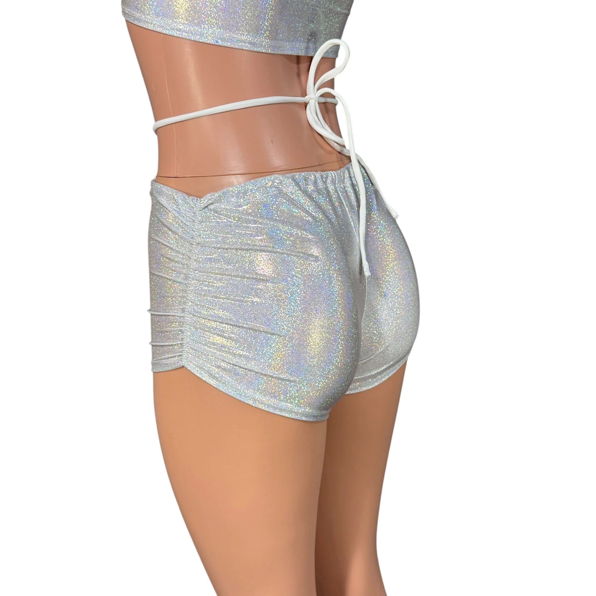 X-String Scrunch Booty Shorts in Silver Sparkle Holo | Ruched Hot Pants w/ Tie Low-Rise Rave Shorts