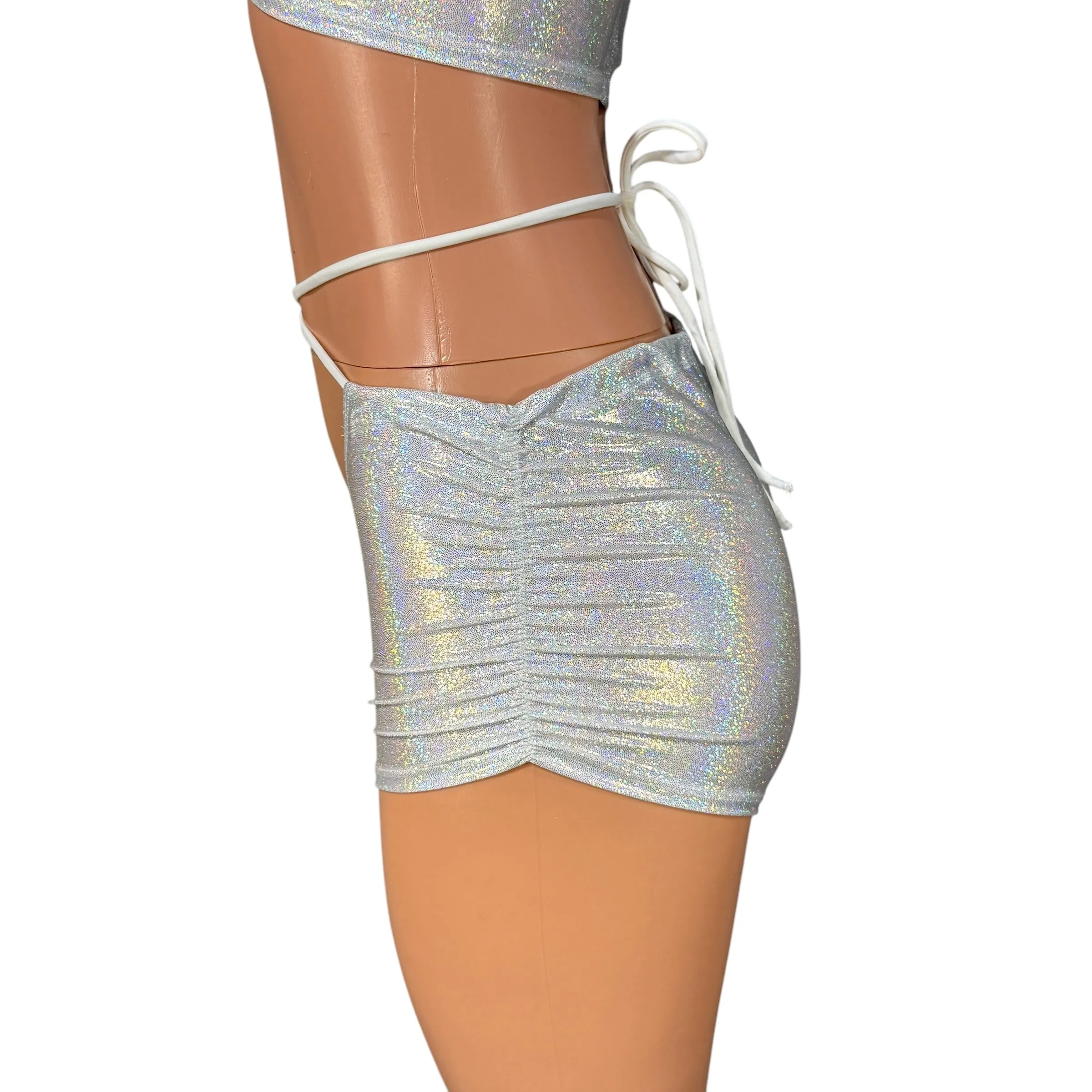 X-String Scrunch Booty Shorts in Silver Sparkle Holo | Ruched Hot Pants w/ Tie Low-Rise Rave Shorts