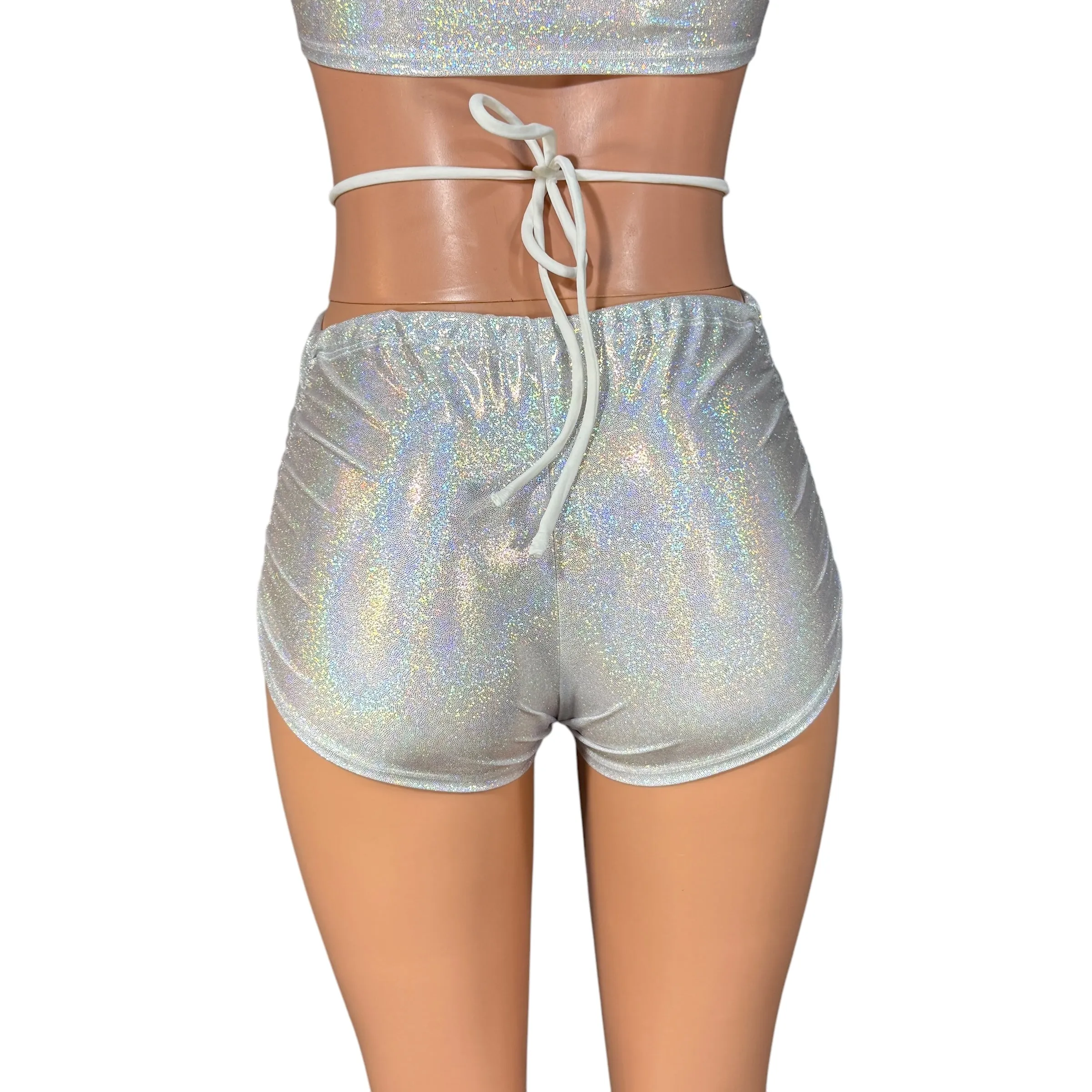 X-String Scrunch Booty Shorts in Silver Sparkle Holo | Ruched Hot Pants w/ Tie Low-Rise Rave Shorts