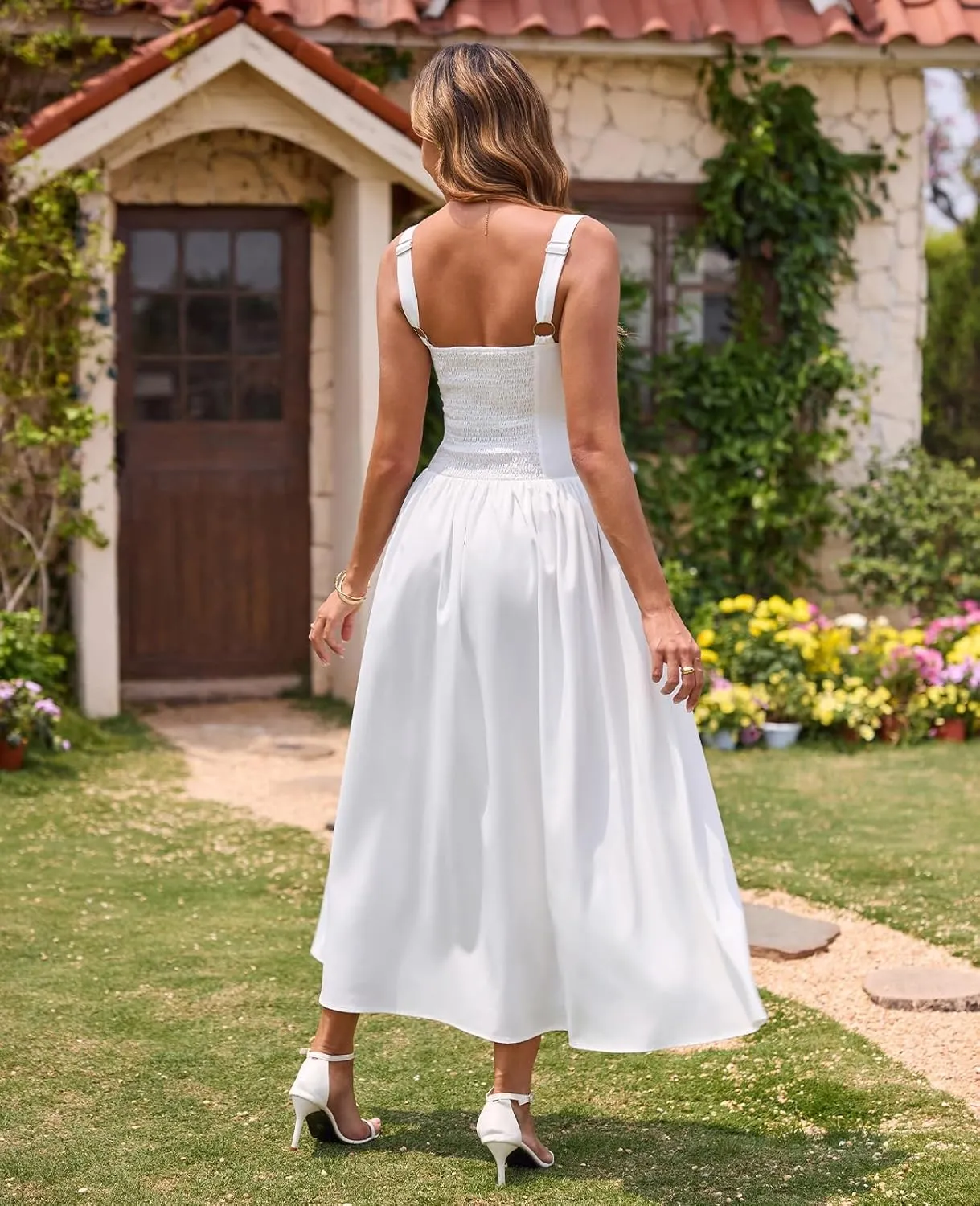 XinFSh Women's 2025 Summer Boho Midi Dress Plaid Square Neck Smocked Dresses Casual Flowy Beach Vacation Pockets Sundress