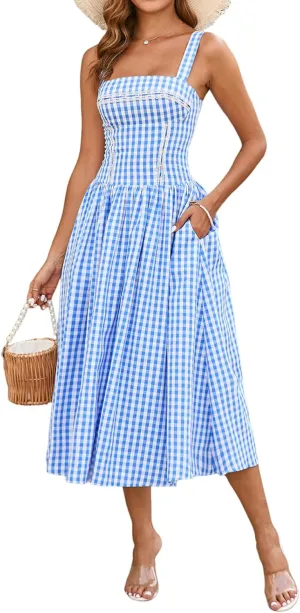 XinFSh Women's 2025 Summer Boho Midi Dress Plaid Square Neck Smocked Dresses Casual Flowy Beach Vacation Pockets Sundress